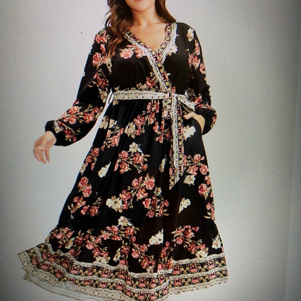 1X NWT Black Floral Wrap Pocket Lantern Sleeve Belted Split Maxi Dress